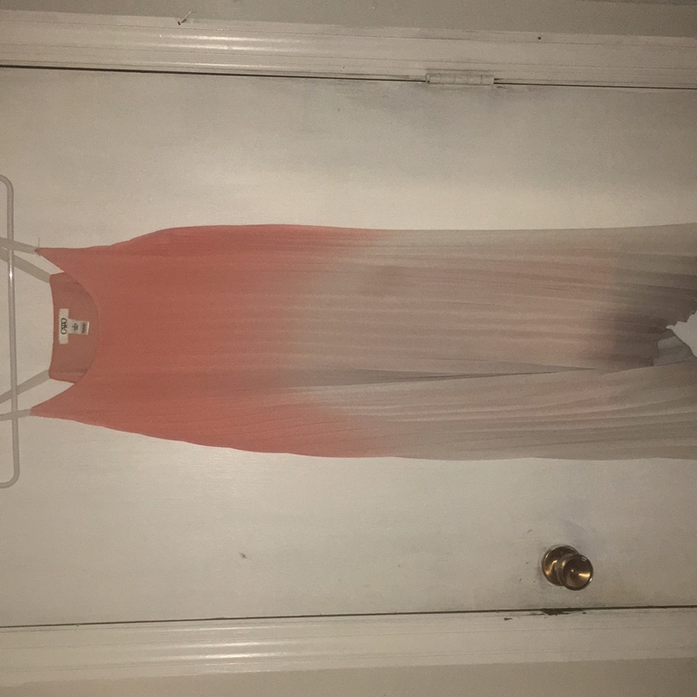 coral & grey ombré dress with gold belt
